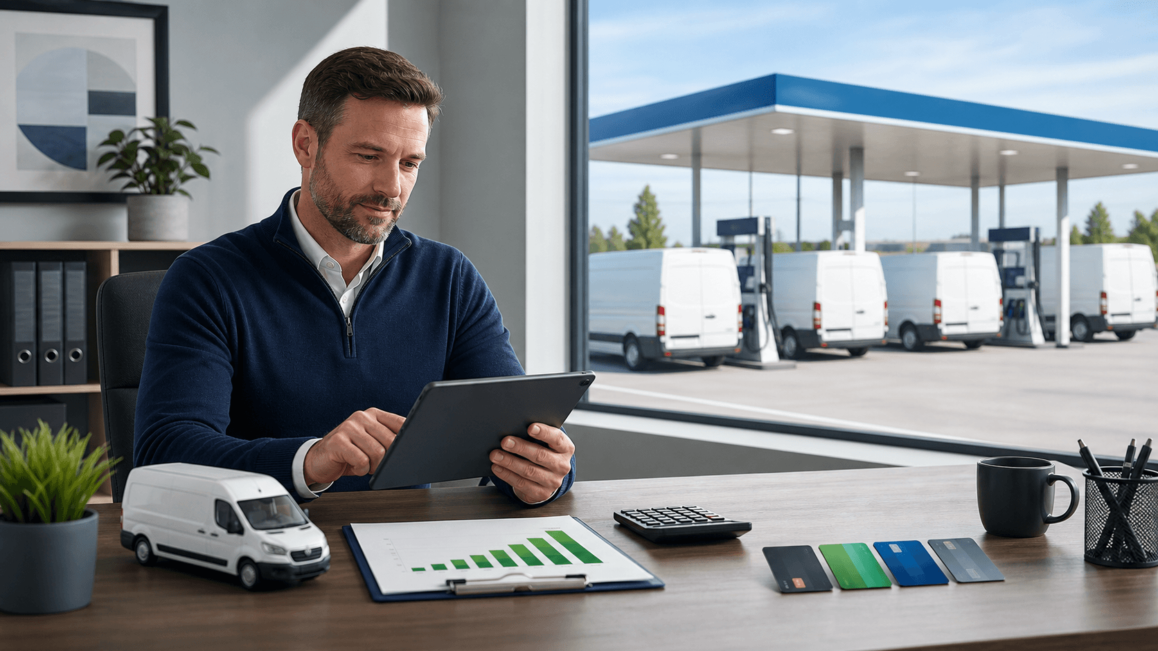 Blue fuel card beside a delivery van and UK road map, with clean corporate graphics on a white background.