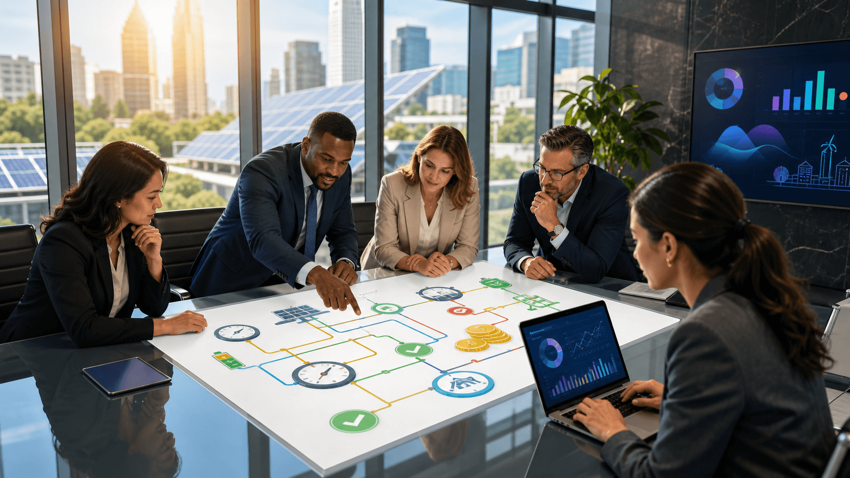 Dark boardroom table with glowing energy charts, contracts, and a city skyline reflected in glass.