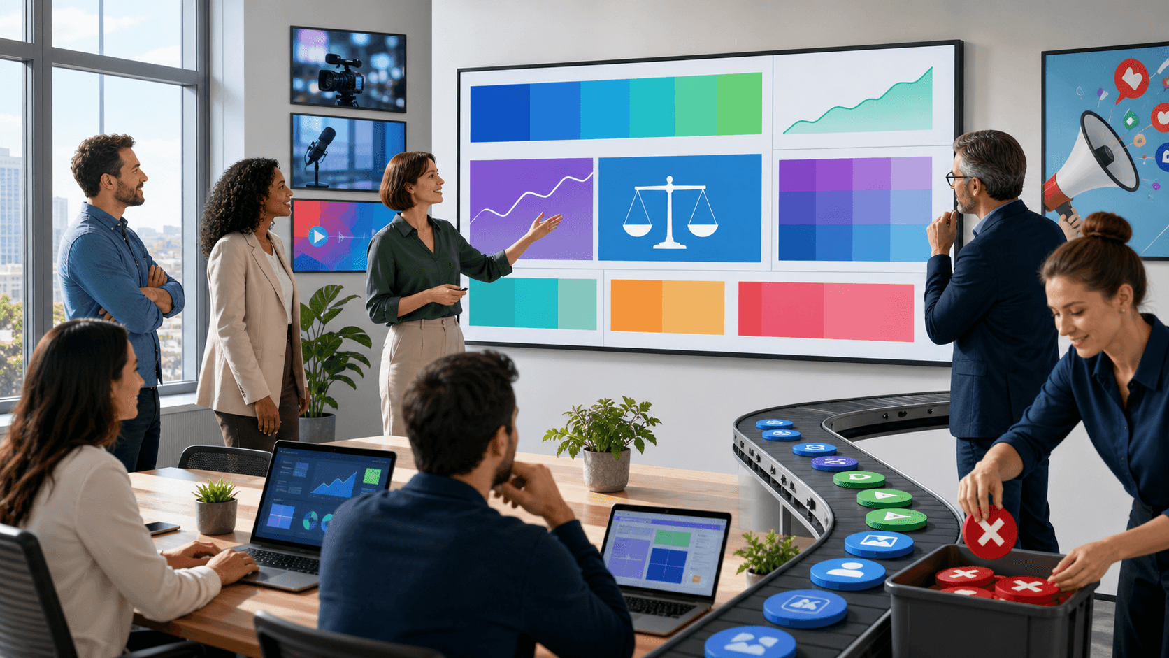 Blue-toned office desk with financial charts, a calculator, and a glowing downward cost arrow.