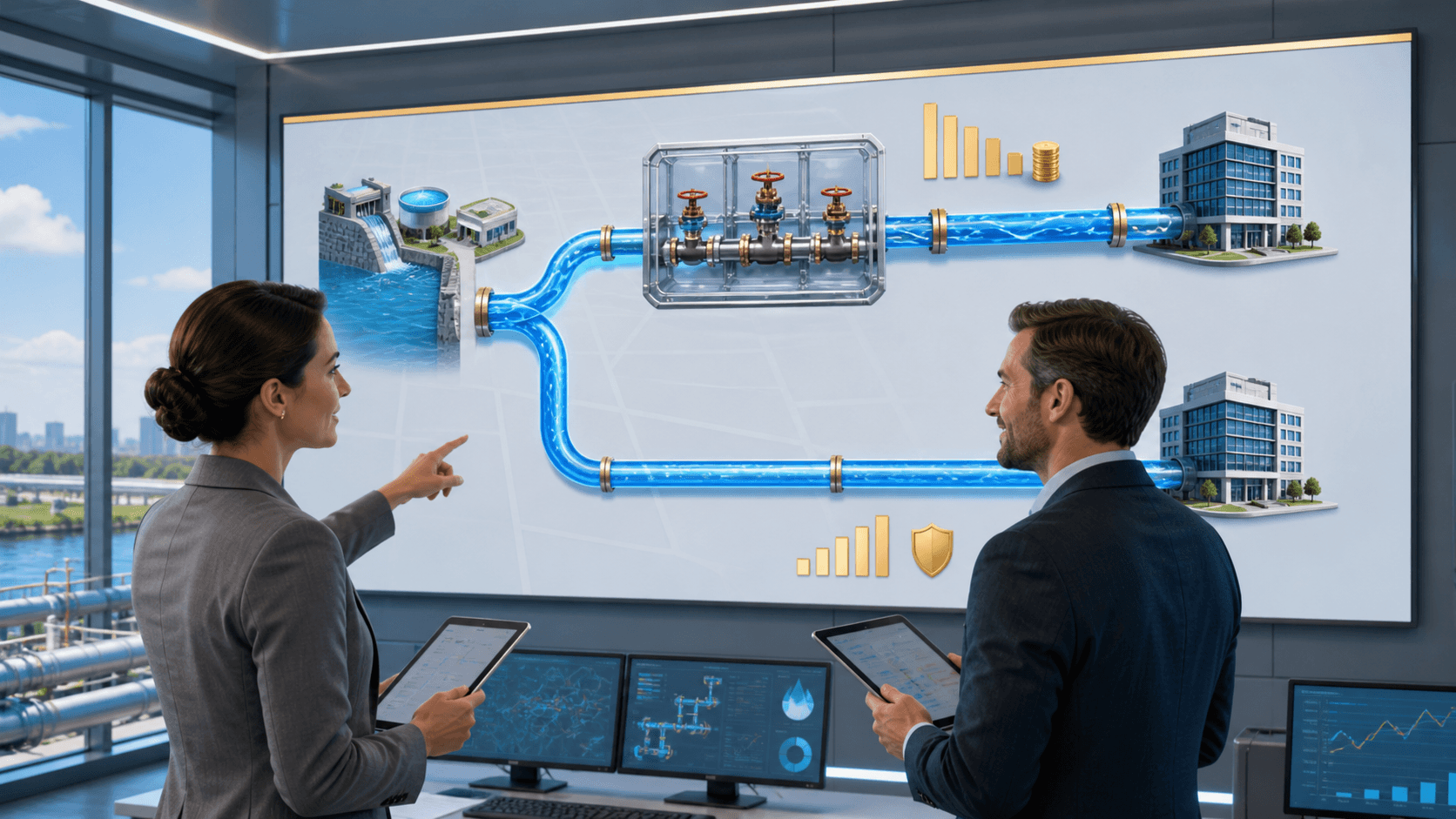 Split-screen of a water broker shaking hands and a direct supplier beside blue industrial water tanks.
