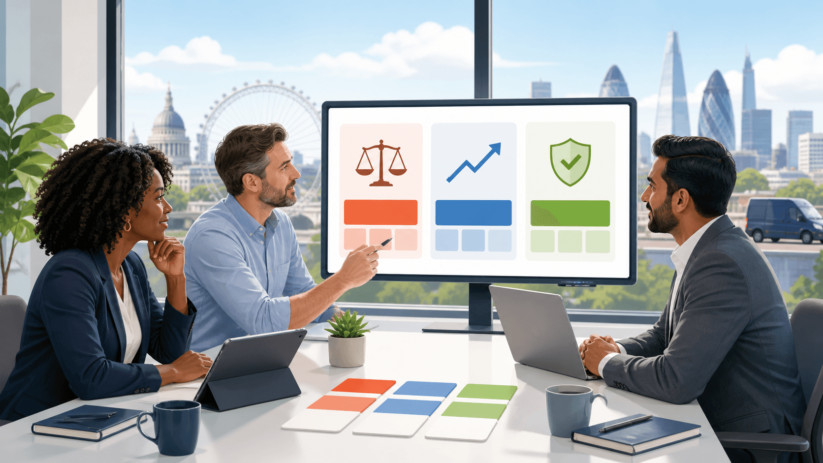 Blue-toned desk scene with a laptop, charts, clipboard, and scales icon under soft office lighting.