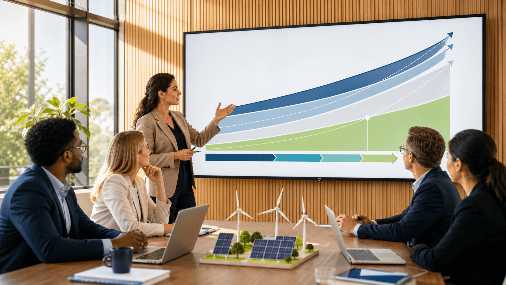 Blue-toned financial dashboard with glowing line graphs, bar charts, and layered energy grid patterns.