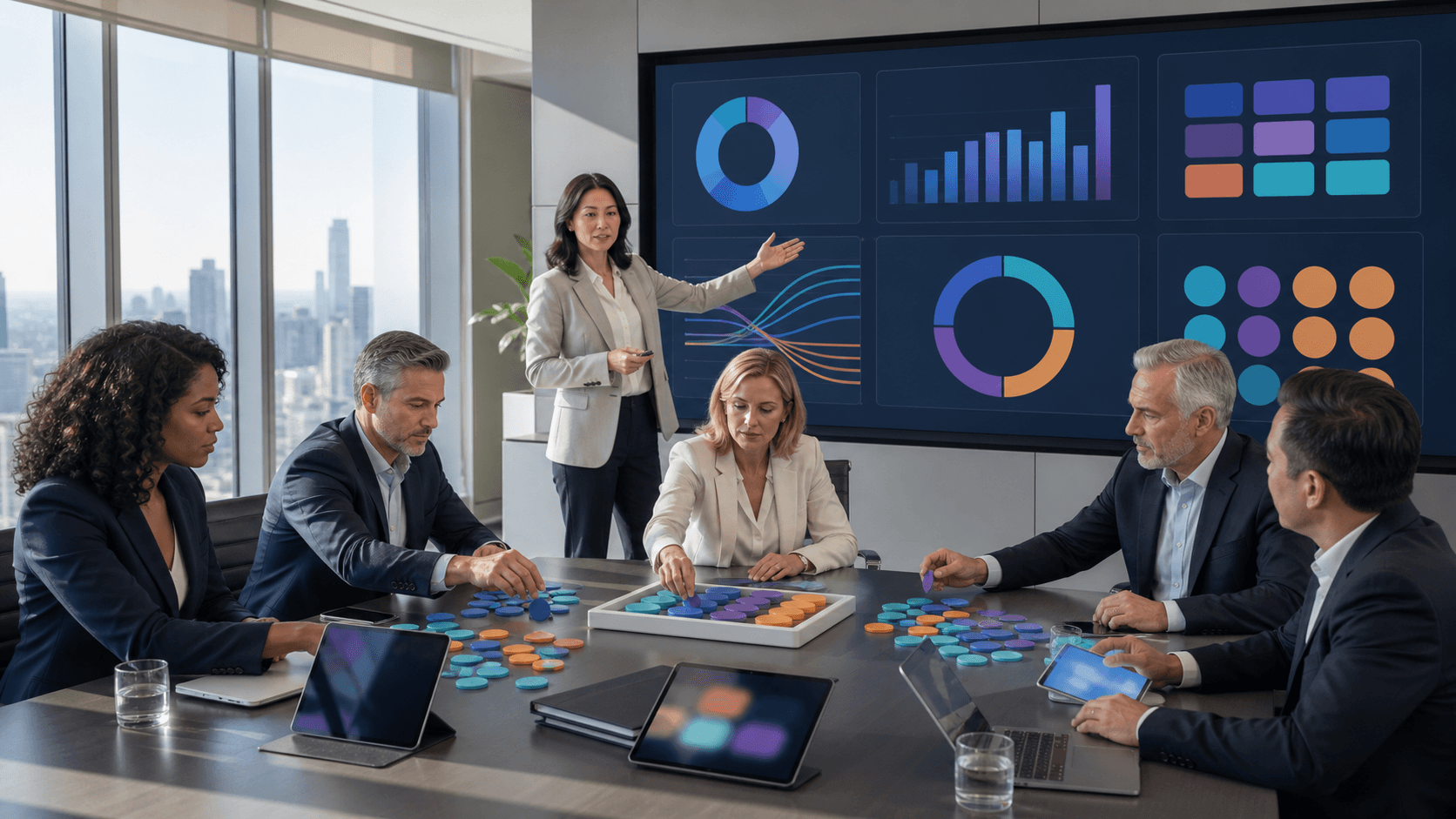 Business executive silhouette over blue digital dashboard with charts and network lines, modern corporate skyline backdrop