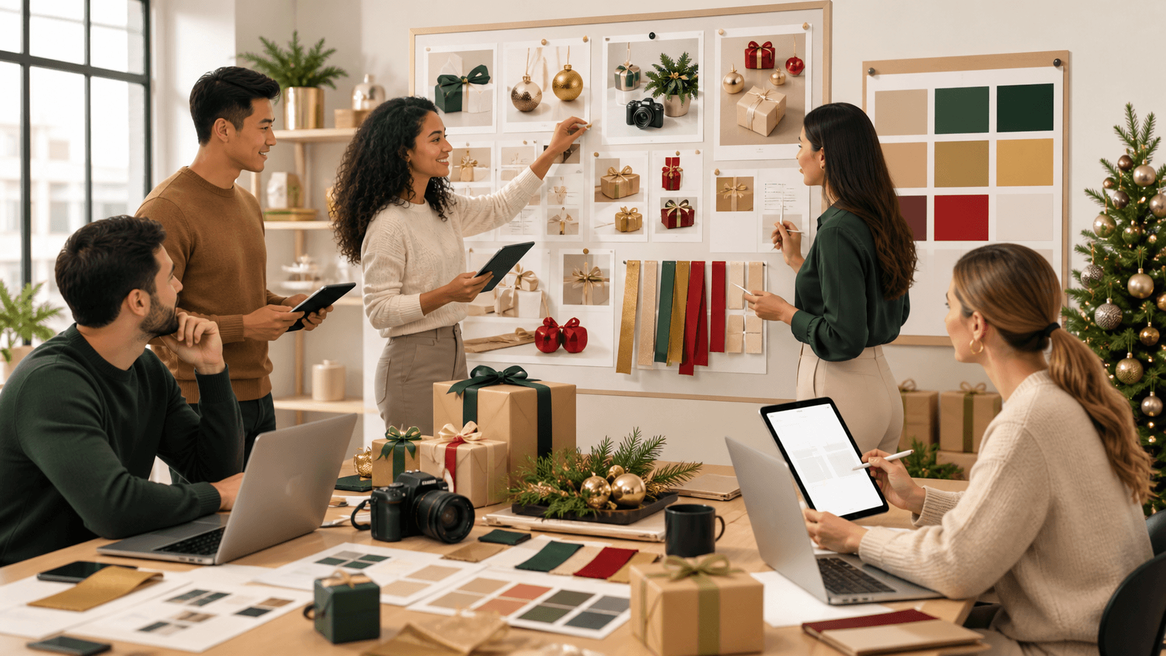 Red and gold gift boxes arranged beside a glowing laptop on a festive desk with warm holiday lights.