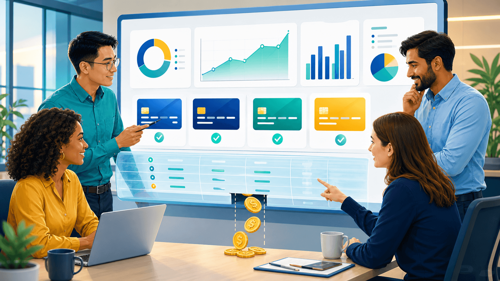 Dark financial dashboard with red warning graphs, payment cards, and glowing transaction data lines.