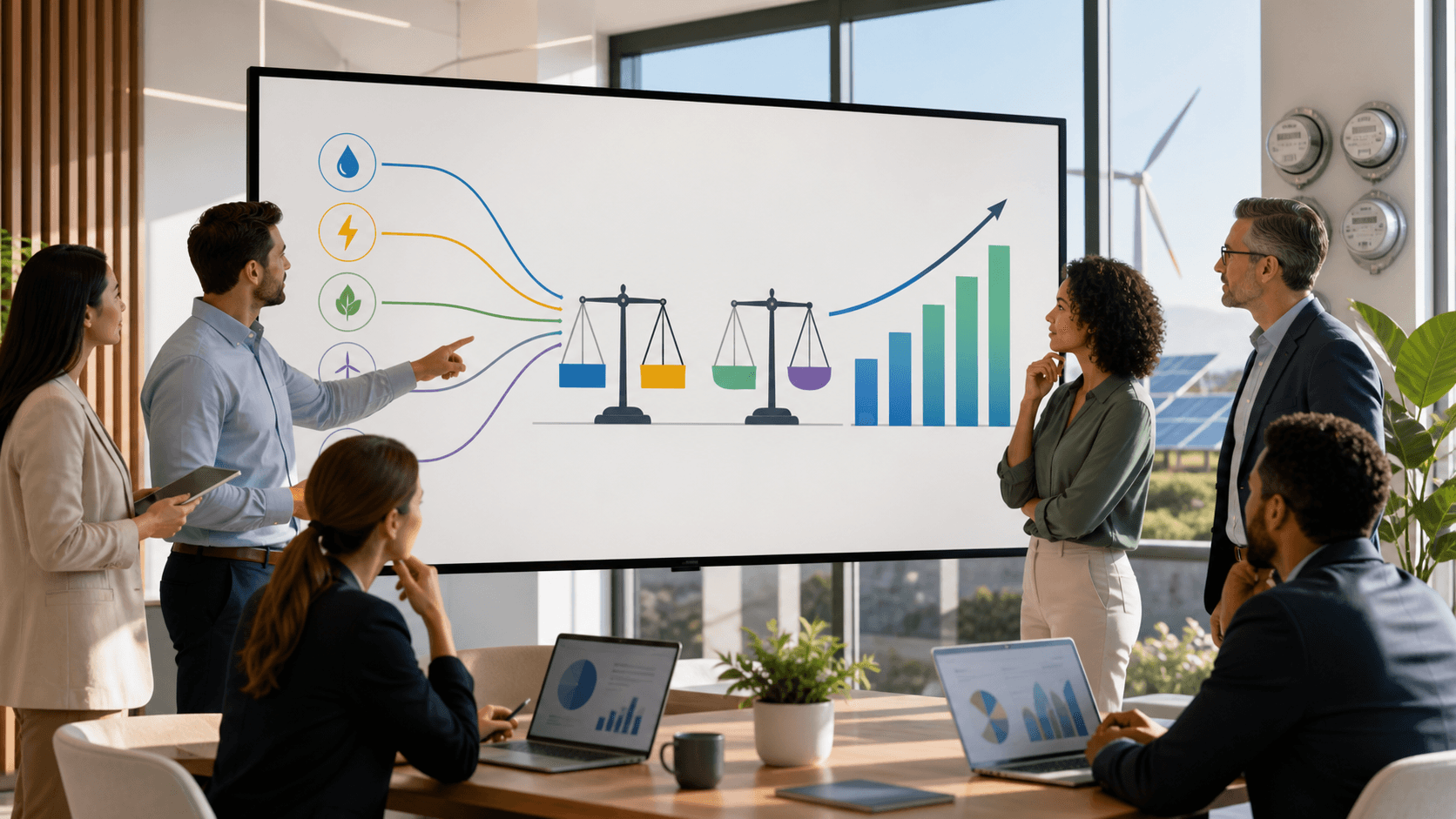 Businessperson compares energy charts on a laptop beside a glowing bulb, with blue and orange graphs.