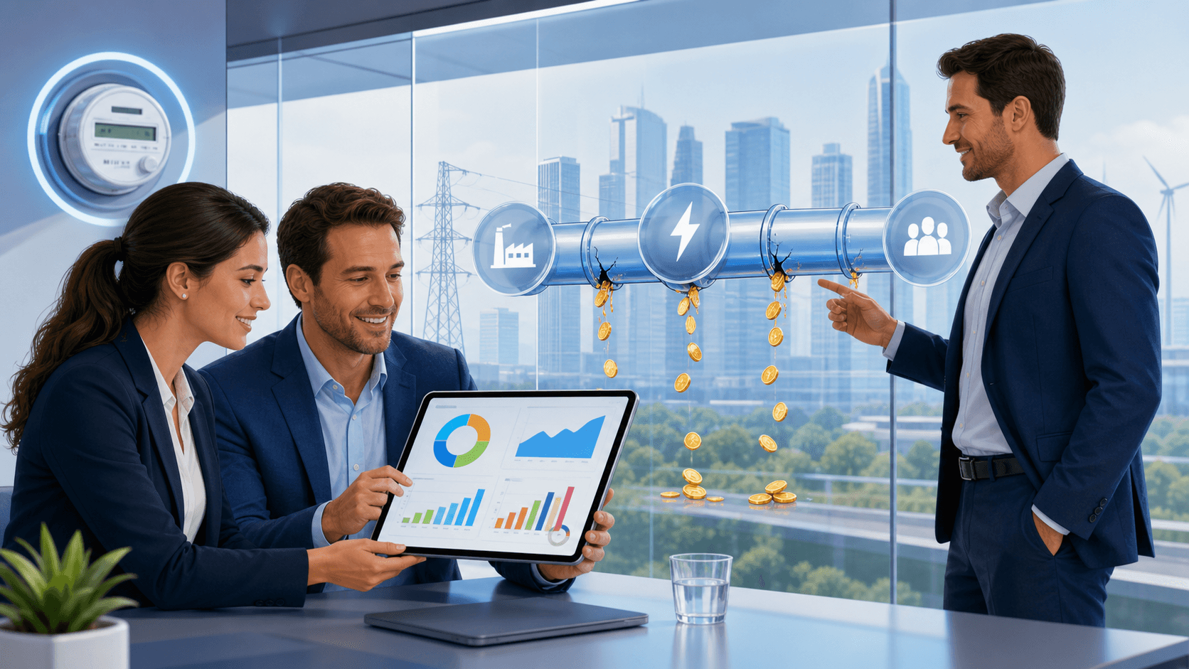 Businessman holds a magnifying glass over energy charts and a contract, with warm desk lighting and dark background.