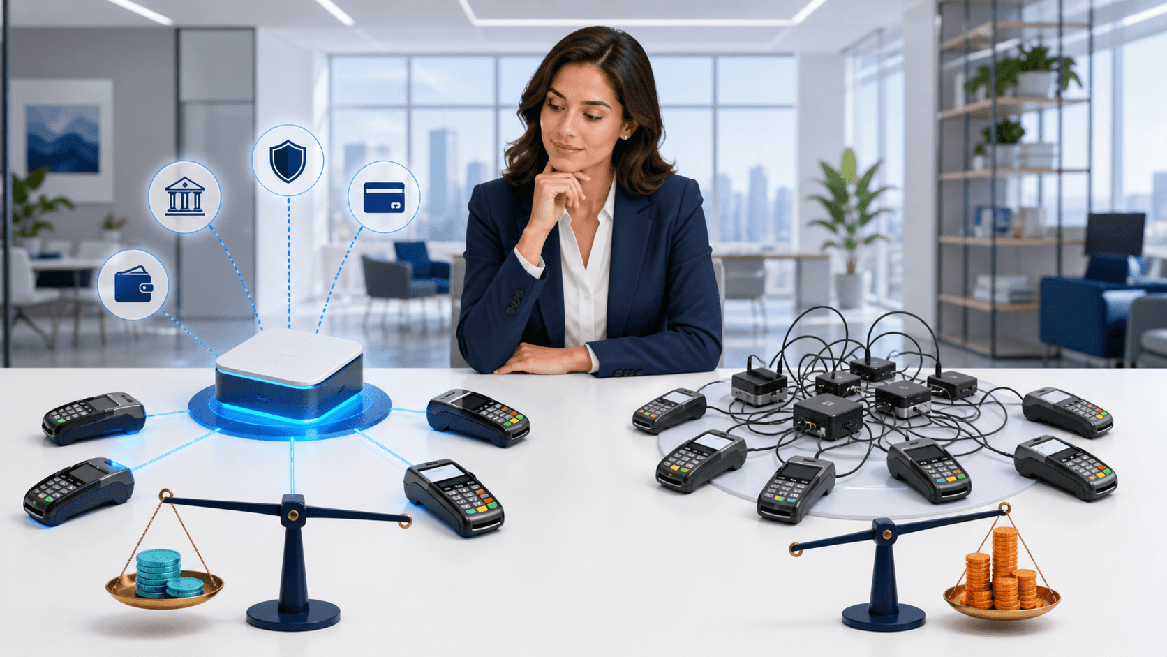 Blue digital payment icons branching from one central card to multiple glowing gateway symbols on a dark background