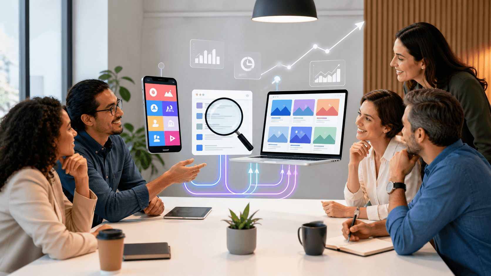Laptop displaying colorful digital marketing icons beside a coffee cup on a bright desk.