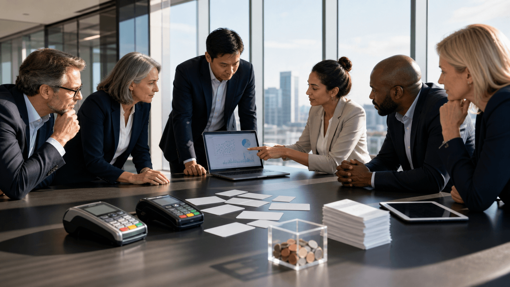 Business meeting table with a chart and magnifying glass over payment icons, lit by warm overhead light