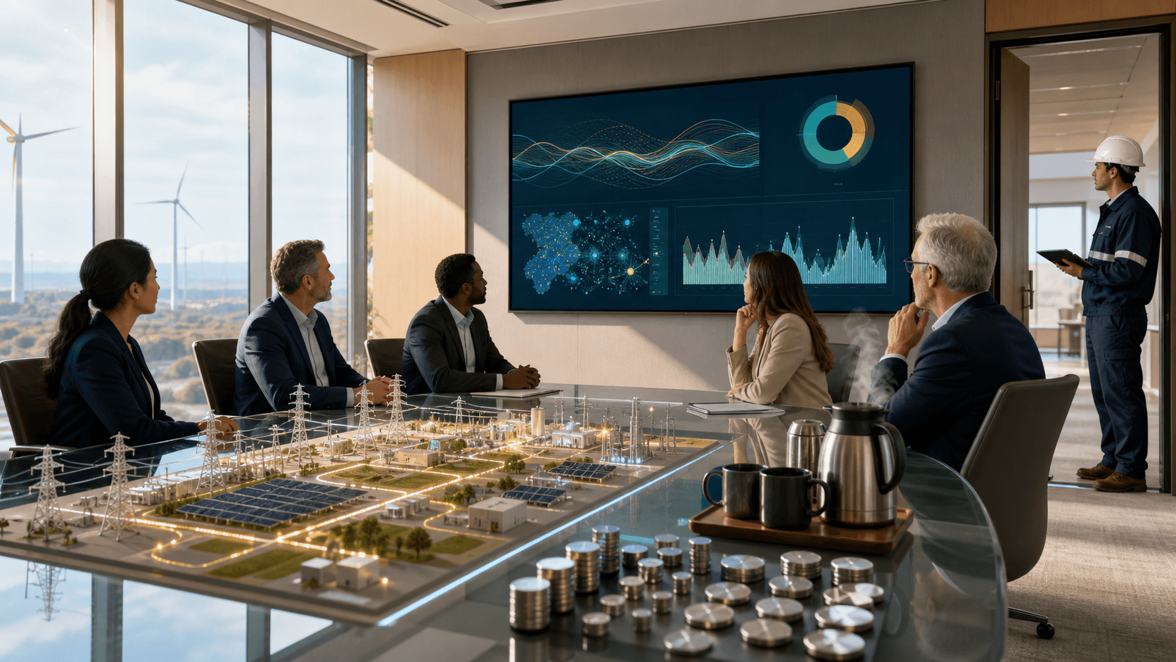 Corporate boardroom with glowing green energy icons and circuit lines over a dark city skyline at dusk