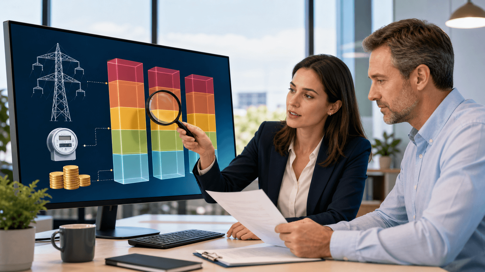 Glowing blue energy charts and contract documents on a dark desk with orange financial highlights.