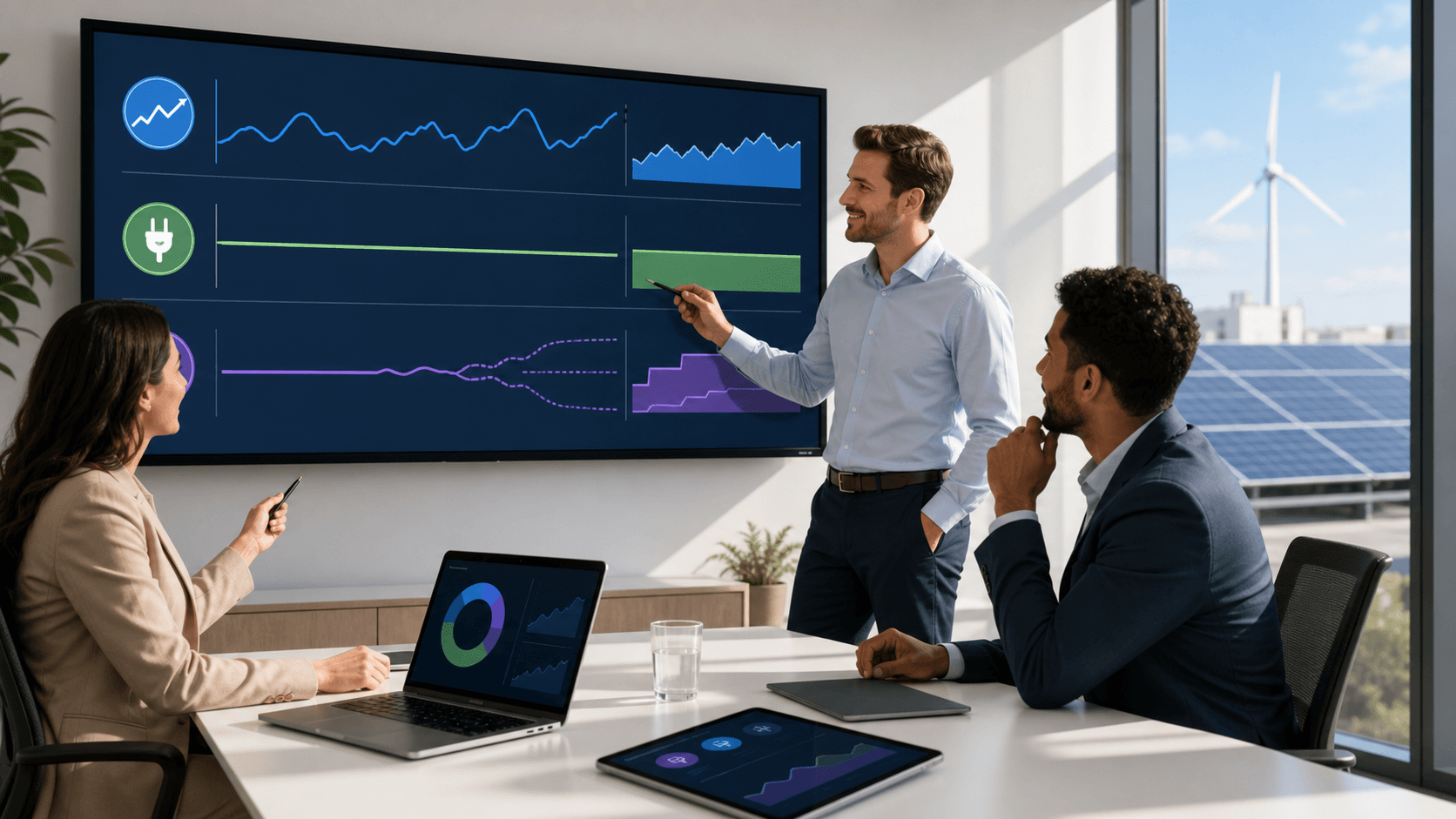 Blue energy graphs, contract documents, and glowing power lines arranged on a dark digital dashboard.