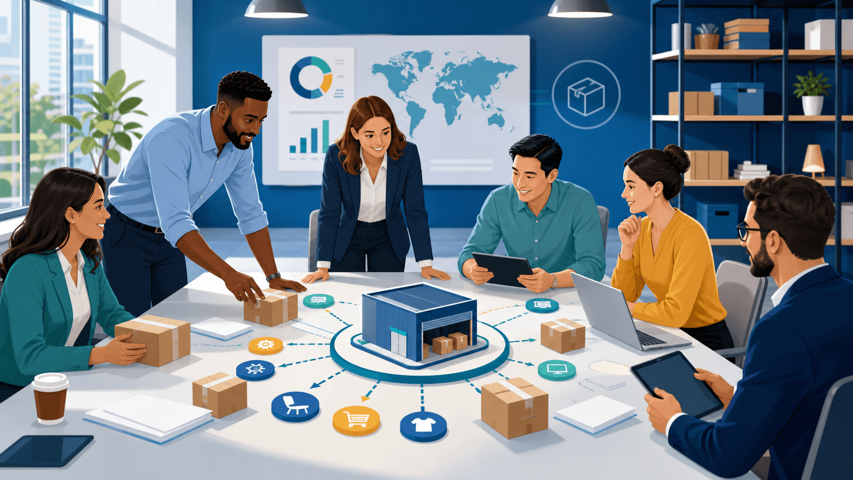 Blue-toned workspace with stacked boxes, a laptop dashboard, and connected supplier icons on a digital map.