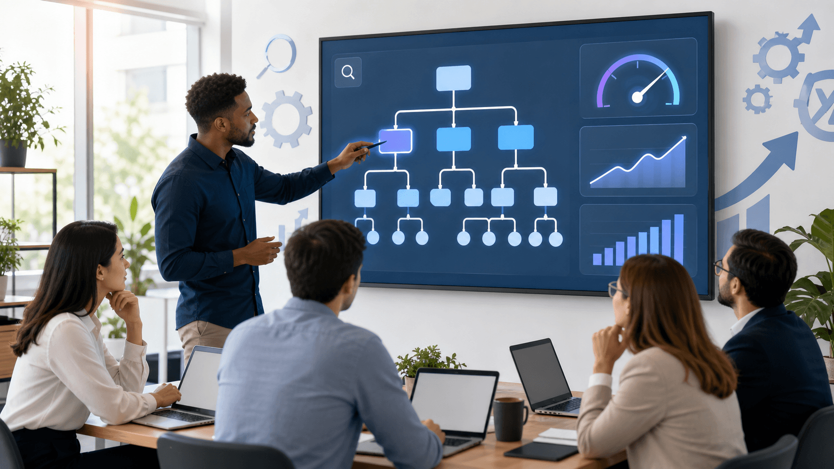 Glowing blue growth chart and SEO icons rise above a city skyline on a dark background.