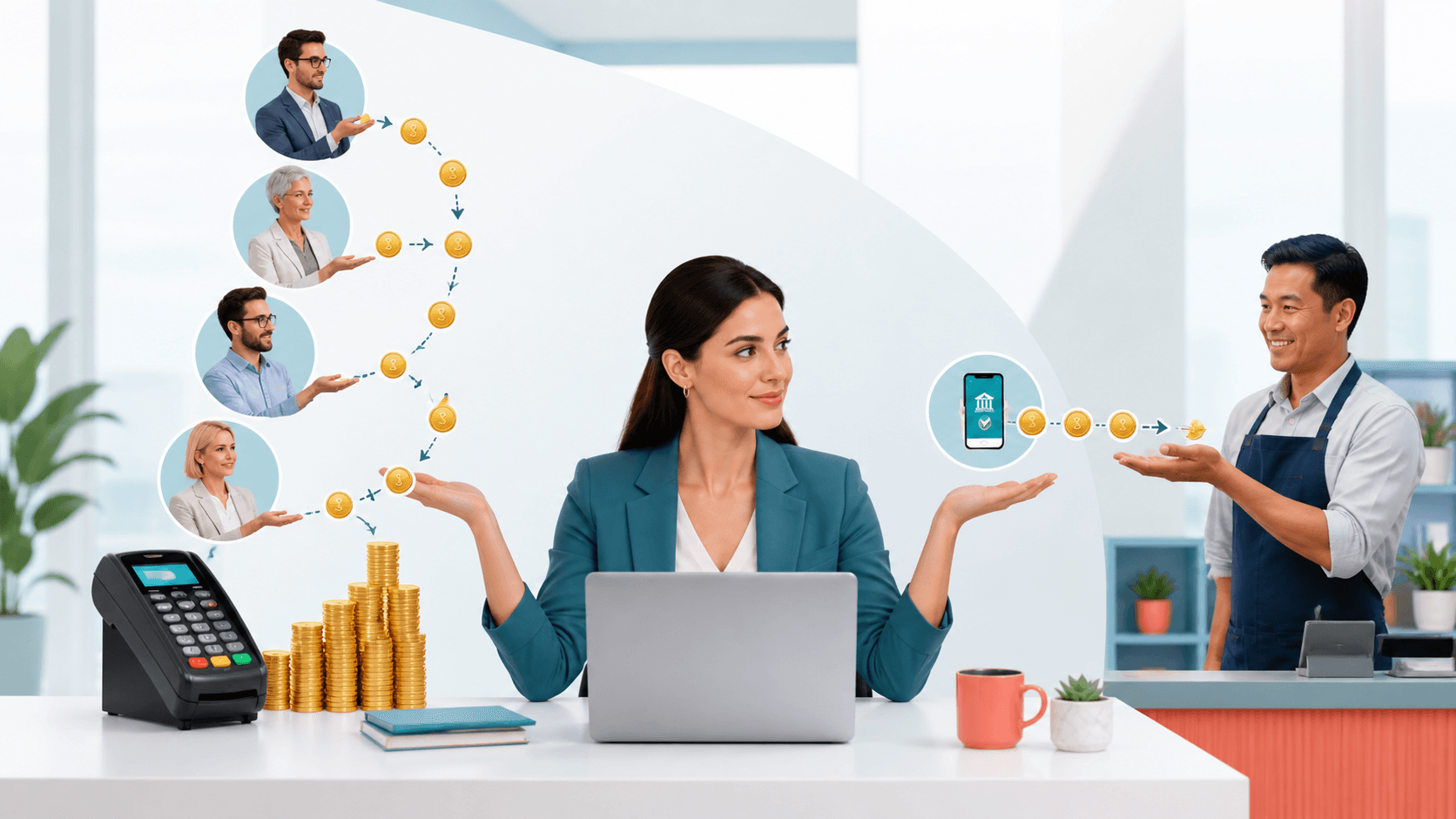 Blue payment cards and gold coins balanced on a scale beside a glowing smartphone screen.