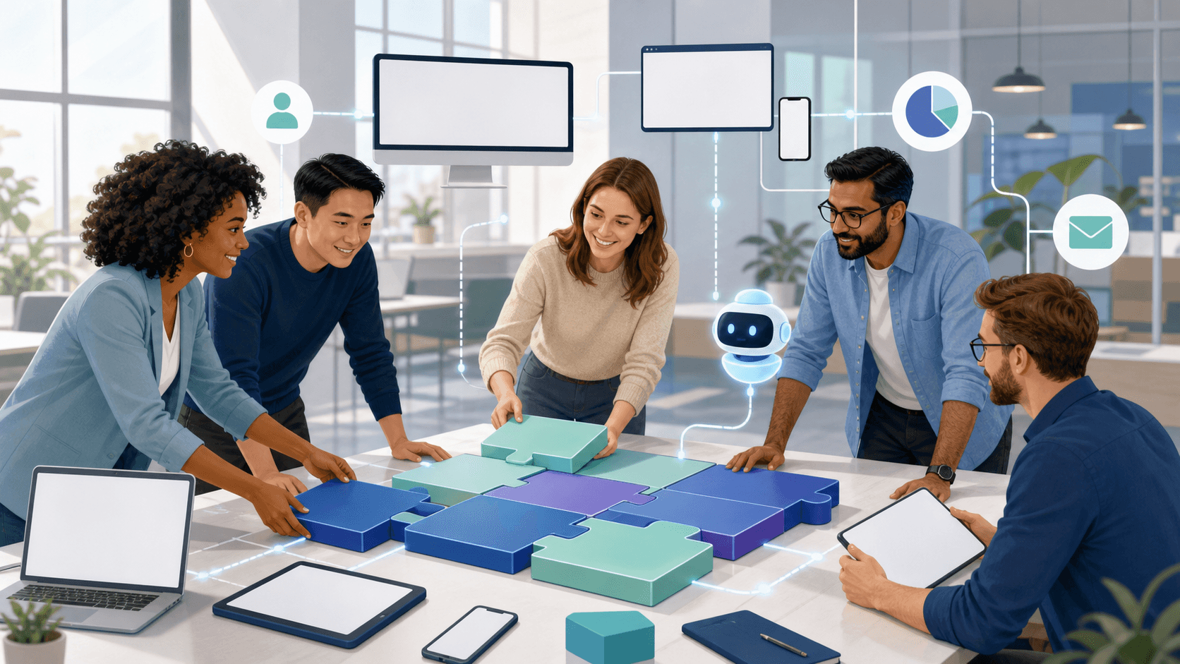 Glowing blue customer data icons connect across a dark digital grid with a central AI interface.