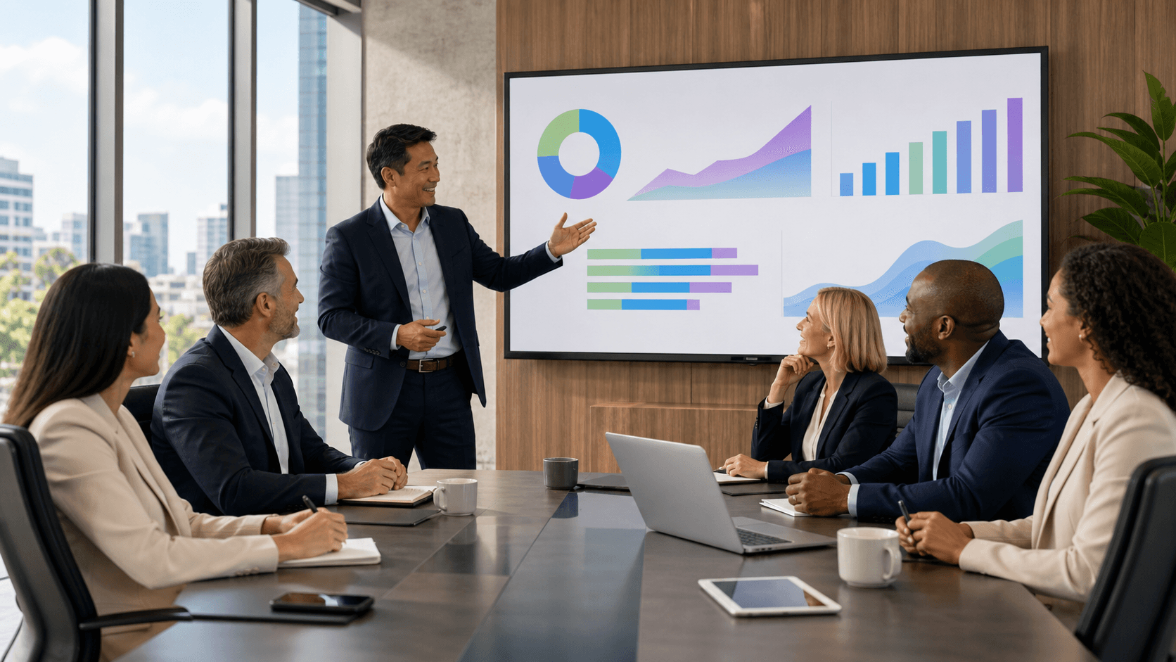 Blue-toned boardroom scene with glowing digital charts on a screen, executives silhouetted around a table.