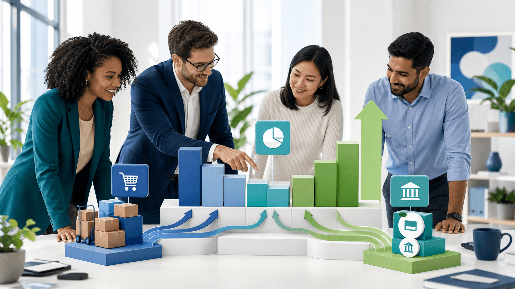 Smiling consultants review colorful charts on a laptop at a bright office table.