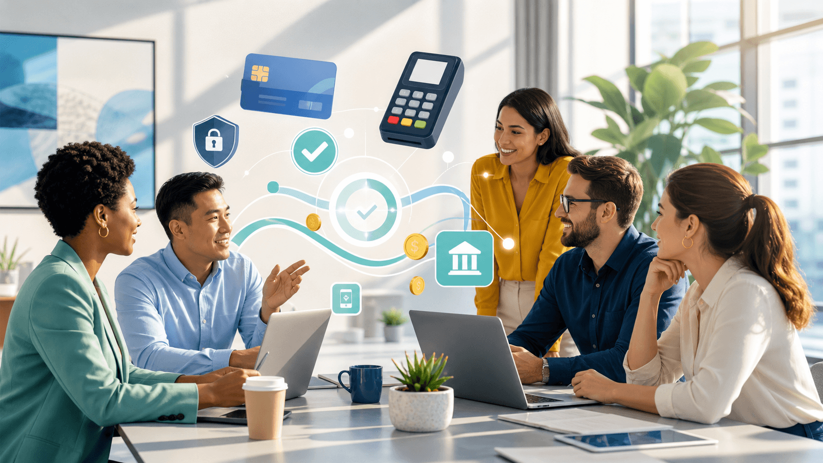 Finance professionals review payment data on dual monitors in a blue-lit modern office.